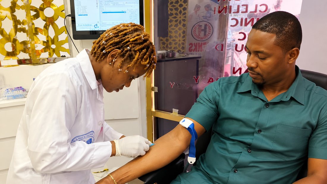 A Henks Medicals scientist taking a blood sample from a patient